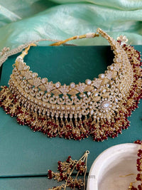 Mehrunisa Gold plated Bridal Choker set - Maroon - SOKORA JEWELSMehrunisa Gold plated Bridal Choker set - Maroon