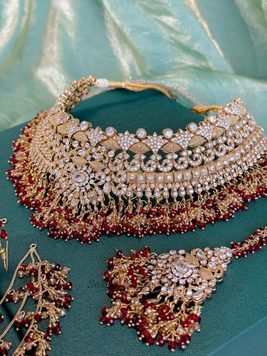 Mehrunisa Gold plated Bridal Choker set - Red - SOKORA JEWELSMehrunisa Gold plated Bridal Choker set - Red