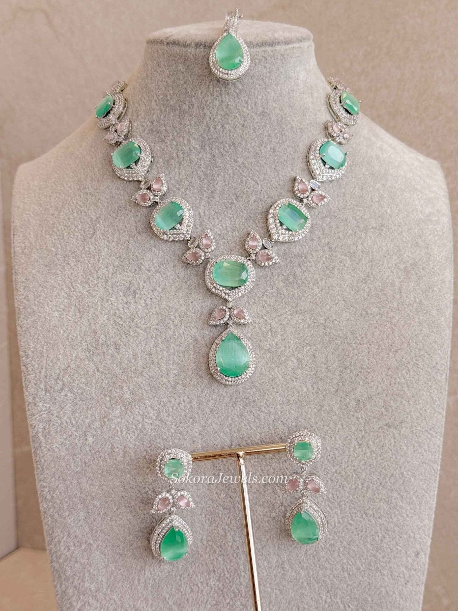 Mehrunisa Mint & Pink Bridal Necklace Set - SOKORA JEWELSMehrunisa Mint & Pink Bridal Necklace SetNECKLACE SETS