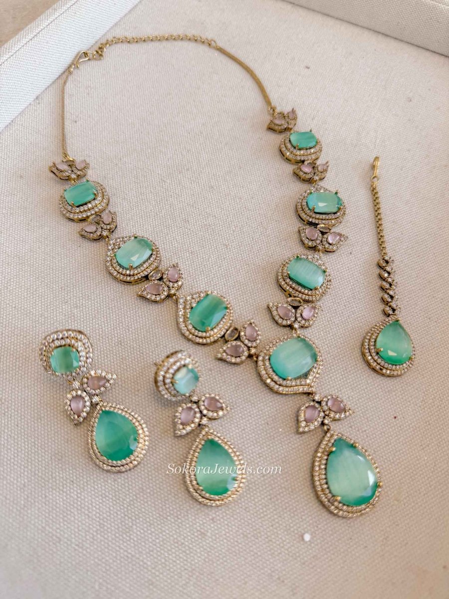 Mehrunisa Mint & Pink Bridal Necklace Set - SOKORA JEWELSMehrunisa Mint & Pink Bridal Necklace SetNECKLACE SETS