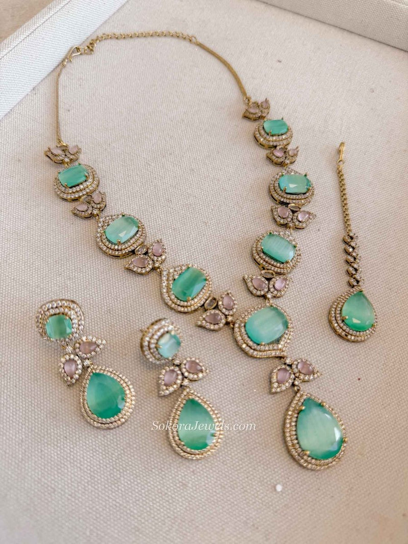 Mehrunisa Mint & Pink Bridal Necklace Set - SOKORA JEWELSMehrunisa Mint & Pink Bridal Necklace SetNECKLACE SETS