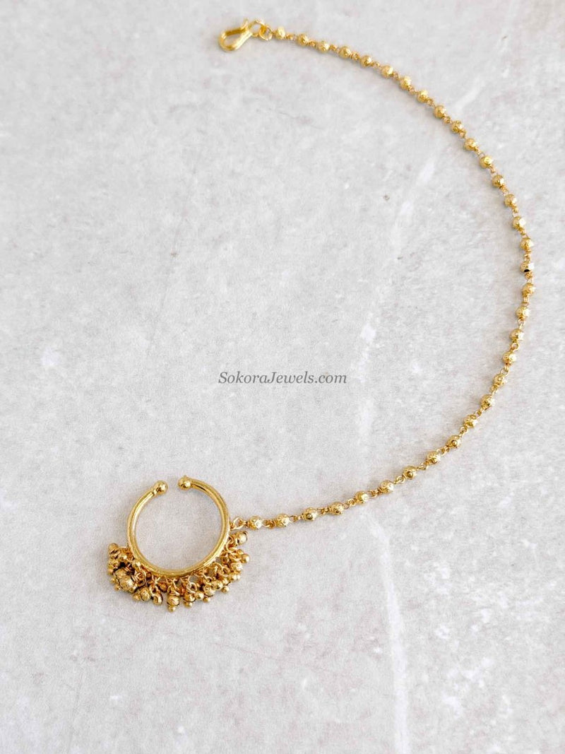 Mini Gold Bridal Nath with Beaded Chain - SOKORA JEWELSMini Gold Bridal Nath with Beaded Chain