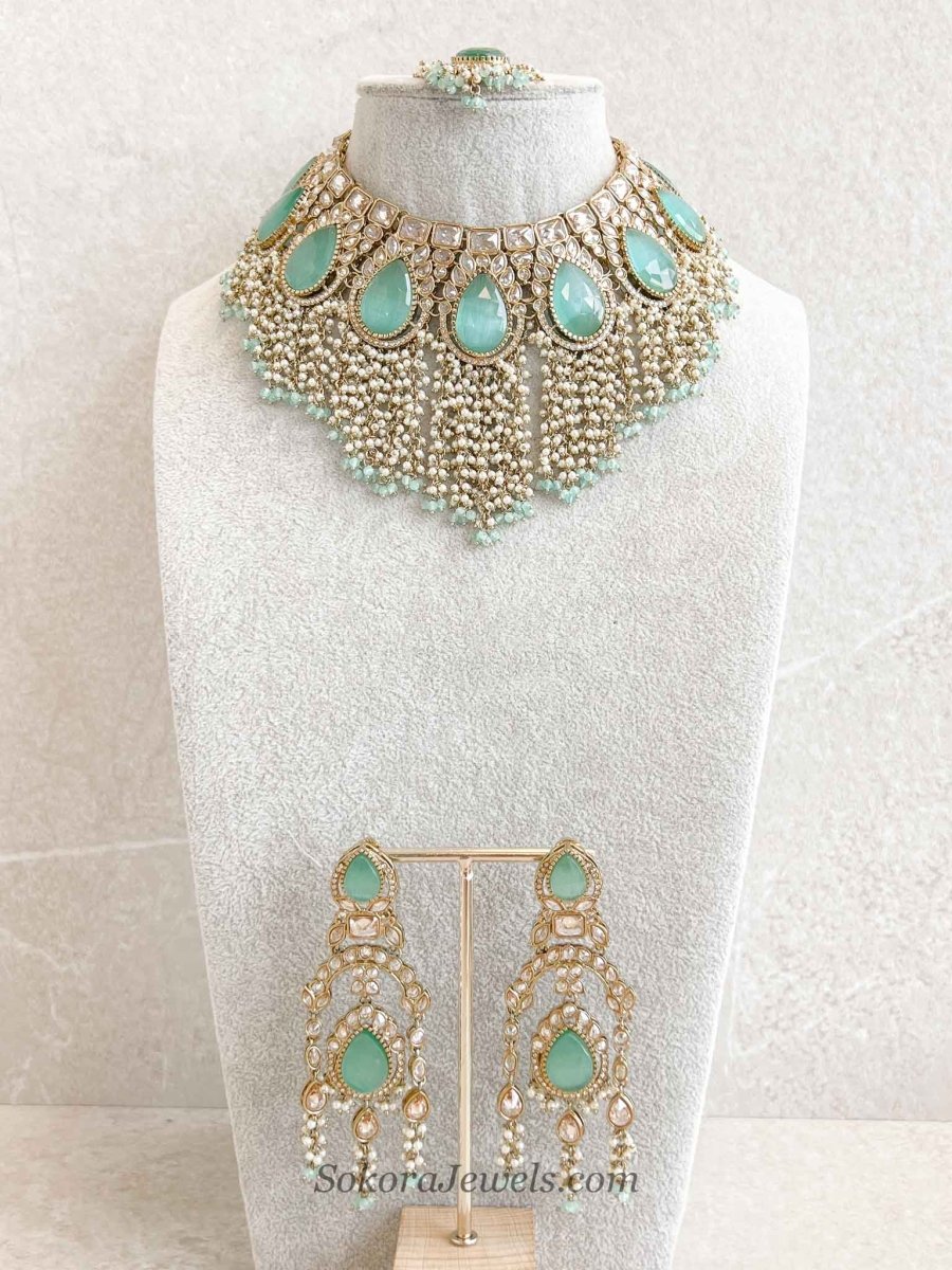 Mint Tasselled Bridal Necklace set - SOKORA JEWELSMint Tasselled Bridal Necklace setNECKLACE SETS