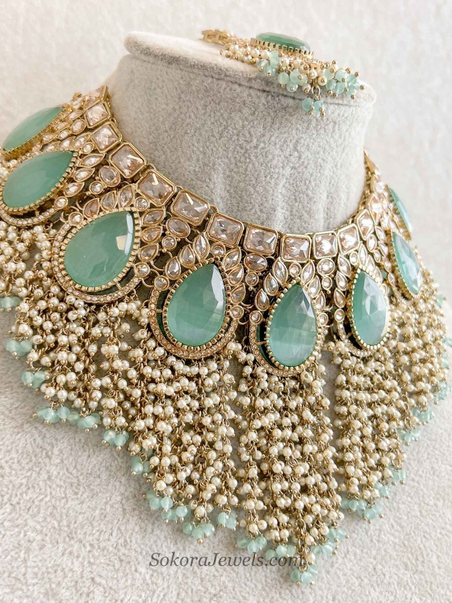 Mint Tasselled Bridal Necklace set - SOKORA JEWELSMint Tasselled Bridal Necklace setNECKLACE SETS