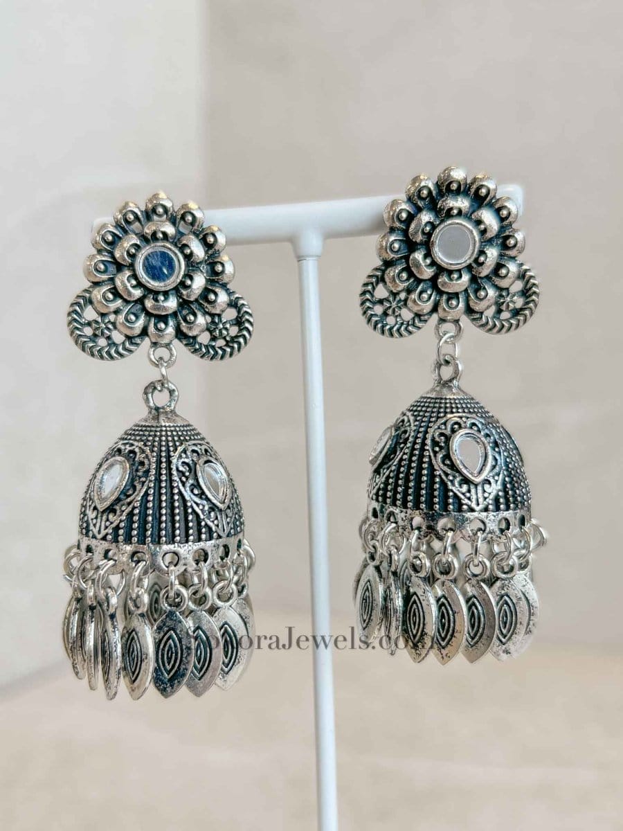 Mirror and Leaf design Oxidised Silver Jhumka - SOKORA JEWELSMirror and Leaf design Oxidised Silver Jhumka