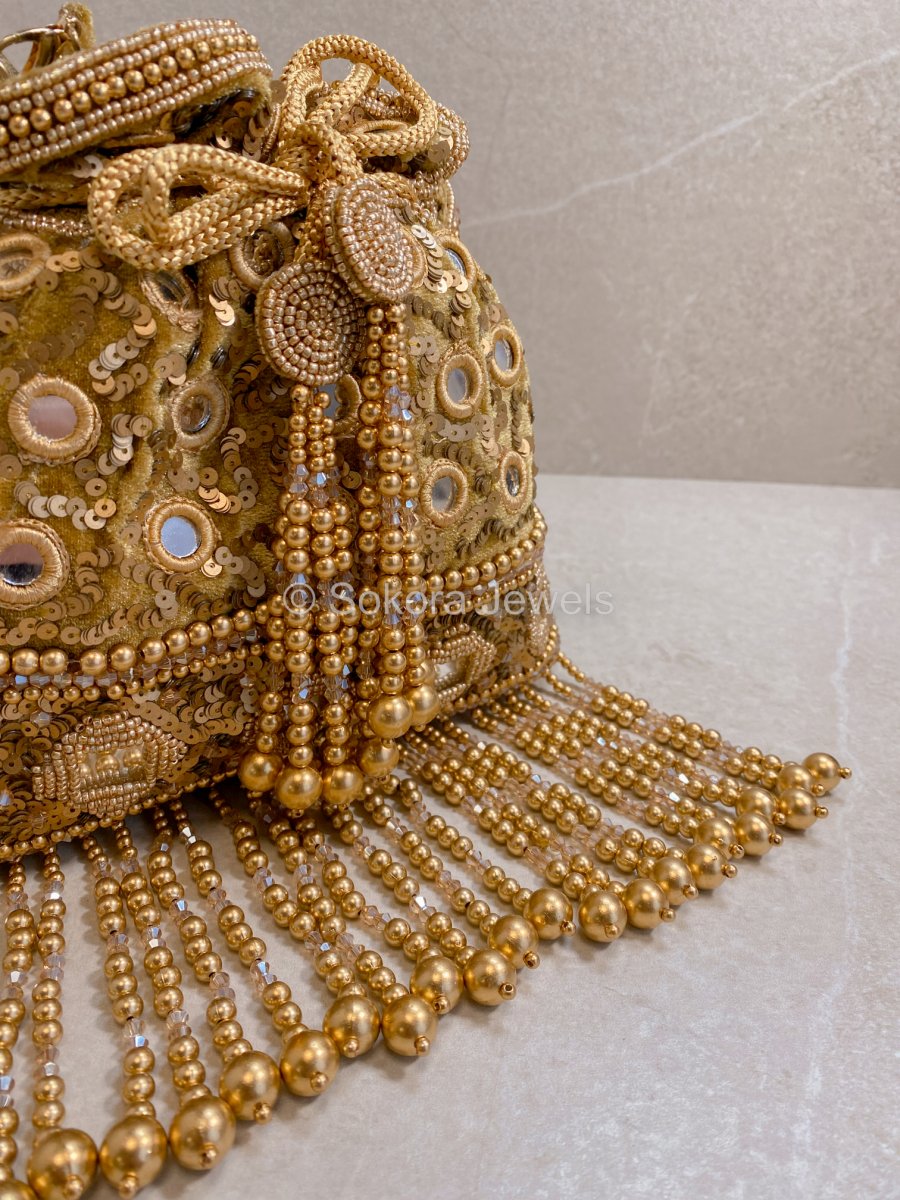 Mirror & Beaded Tassel Detail Bag - Gold - SOKORA JEWELSMirror & Beaded Tassel Detail Bag - Gold