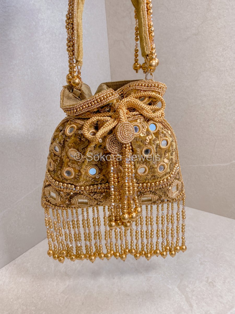 Mirror & Beaded Tassel Detail Bag - Gold - SOKORA JEWELSMirror & Beaded Tassel Detail Bag - Gold