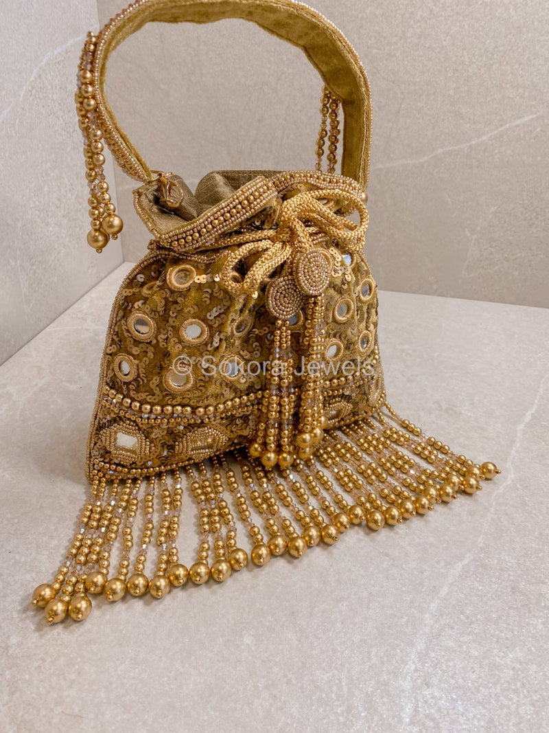 Mirror & Beaded Tassel Detail Bag - Gold - SOKORA JEWELSMirror & Beaded Tassel Detail Bag - Gold