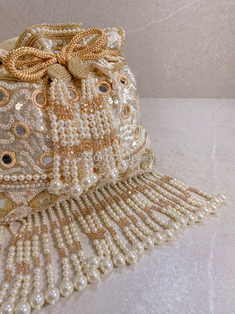 Mirror & Beaded Tassel Detail Bag - Light Gold - SOKORA JEWELSMirror & Beaded Tassel Detail Bag - Light Gold