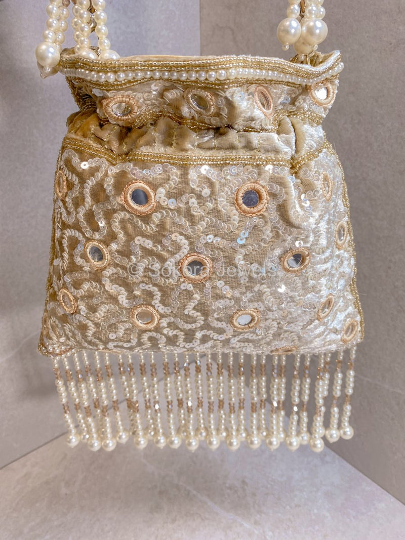 Mirror & Beaded Tassel Detail Bag - Light Gold - SOKORA JEWELSMirror & Beaded Tassel Detail Bag - Light Gold