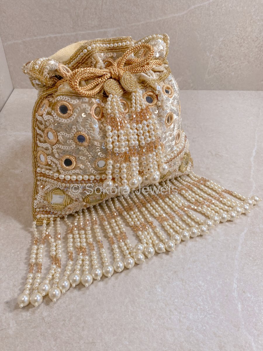 Mirror & Beaded Tassel Detail Bag - Light Gold - SOKORA JEWELSMirror & Beaded Tassel Detail Bag - Light Gold