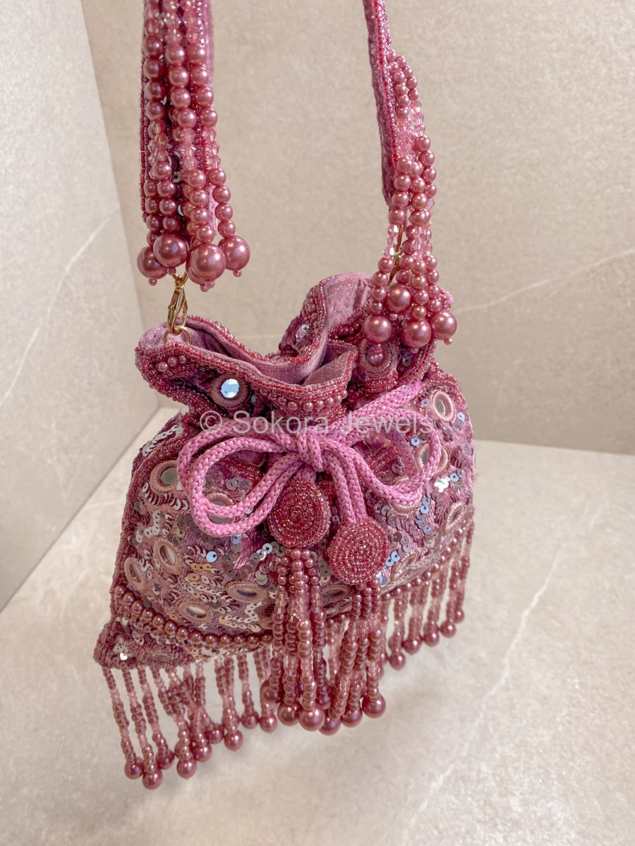 Mirror & Beaded Tassel Detail Bag - Mauve - SOKORA JEWELSMirror & Beaded Tassel Detail Bag - Mauve