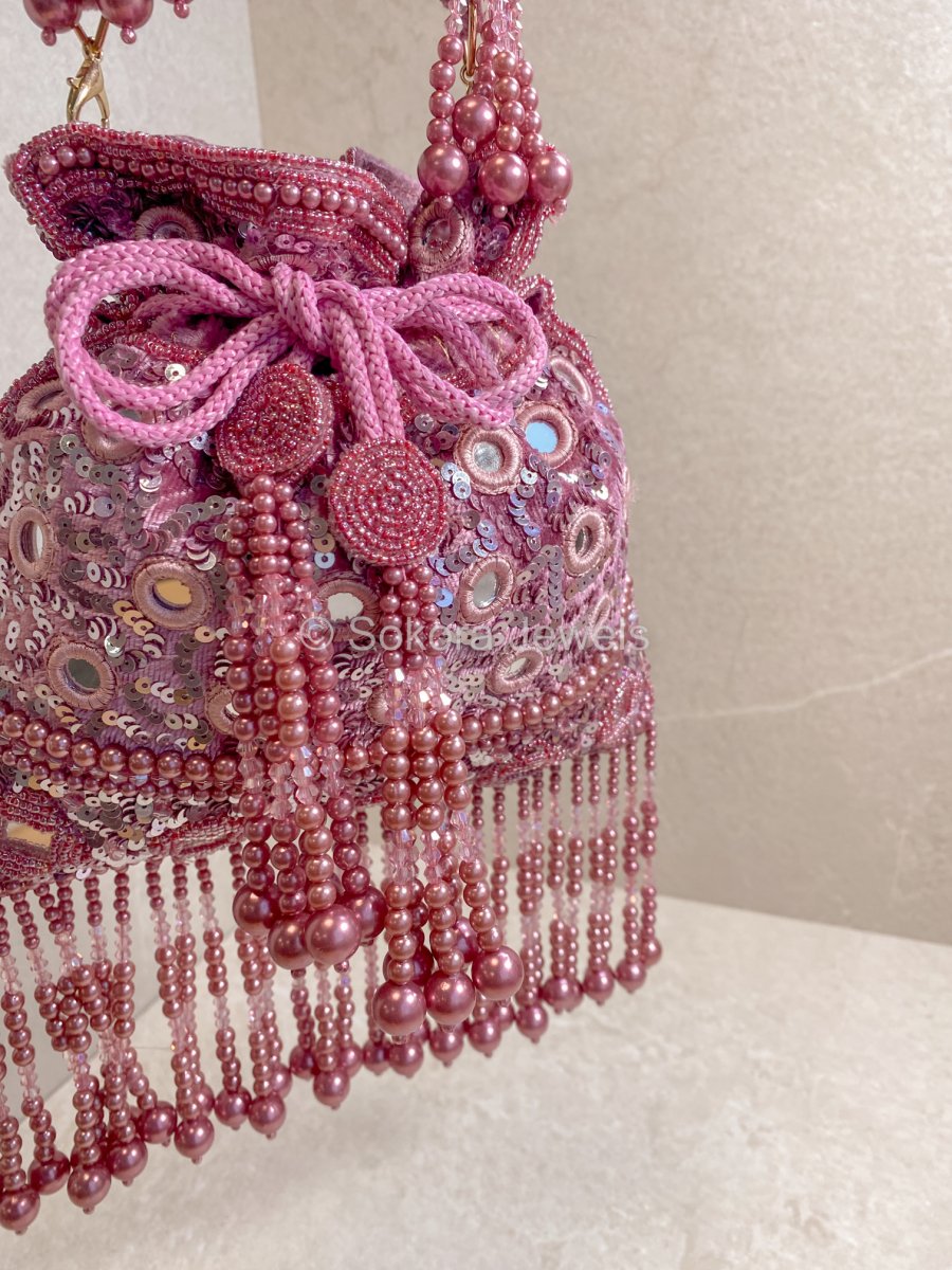 Mirror & Beaded Tassel Detail Bag - Mauve - SOKORA JEWELSMirror & Beaded Tassel Detail Bag - Mauve