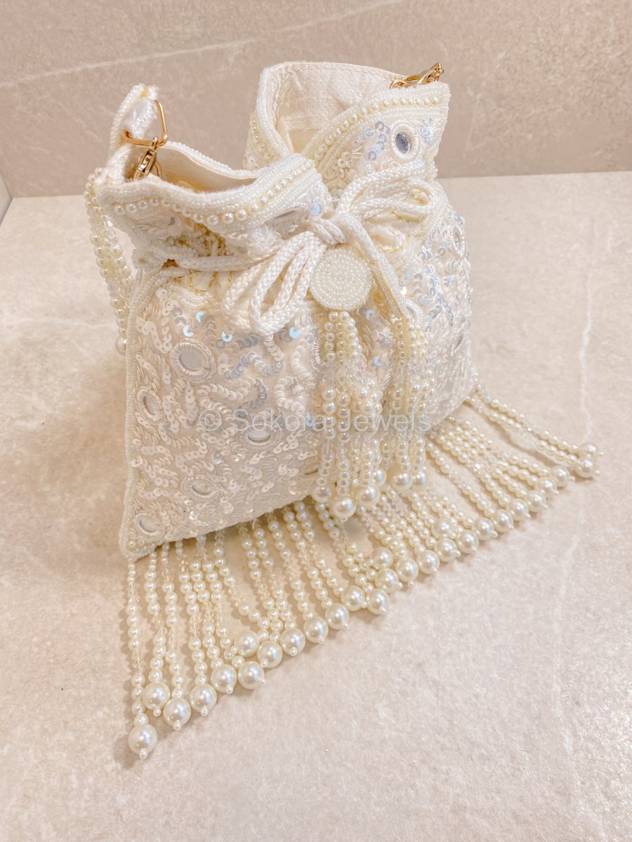 Mirror & Beaded Tassel Detail Bag - White - SOKORA JEWELSMirror & Beaded Tassel Detail Bag - White