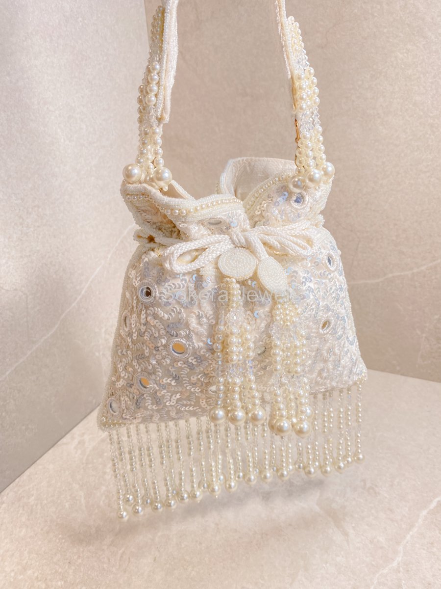 Mirror & Beaded Tassel Detail Bag - White - SOKORA JEWELSMirror & Beaded Tassel Detail Bag - White