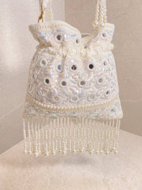 Mirror & Beaded Tassel Detail Bag - White - SOKORA JEWELSMirror & Beaded Tassel Detail Bag - White