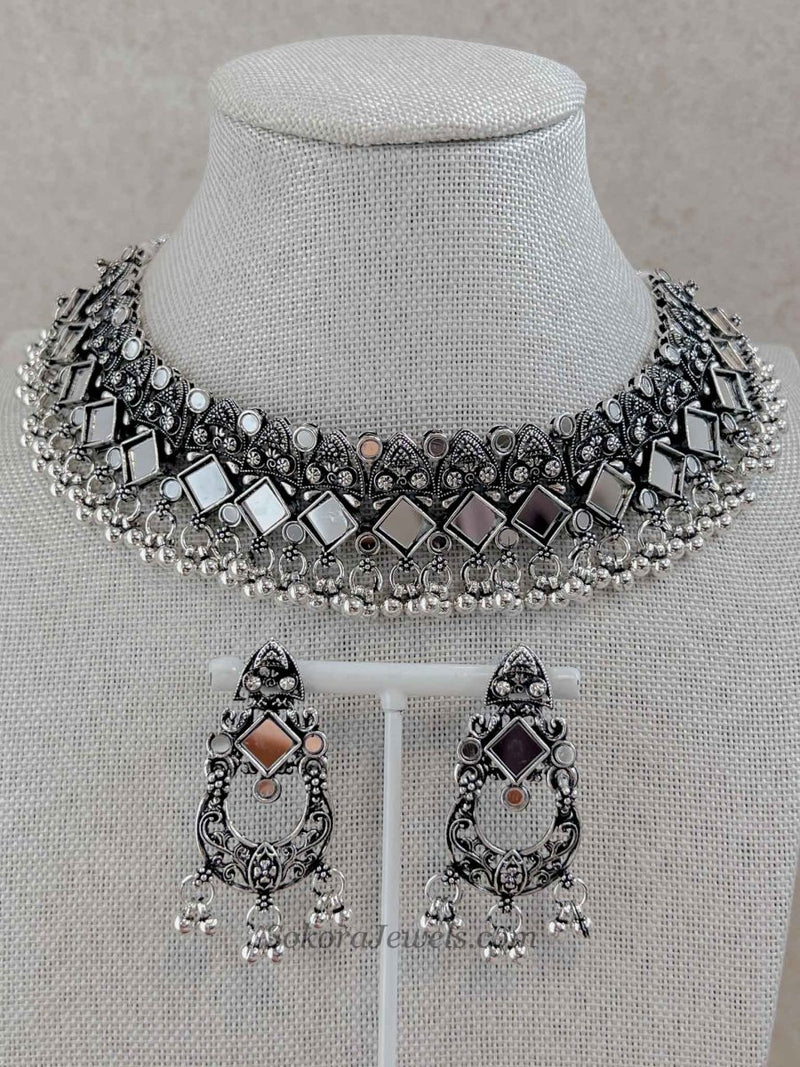 Mirror Oxidized Silver Necklace and Earrings - SOKORA JEWELSMirror Oxidized Silver Necklace and Earrings