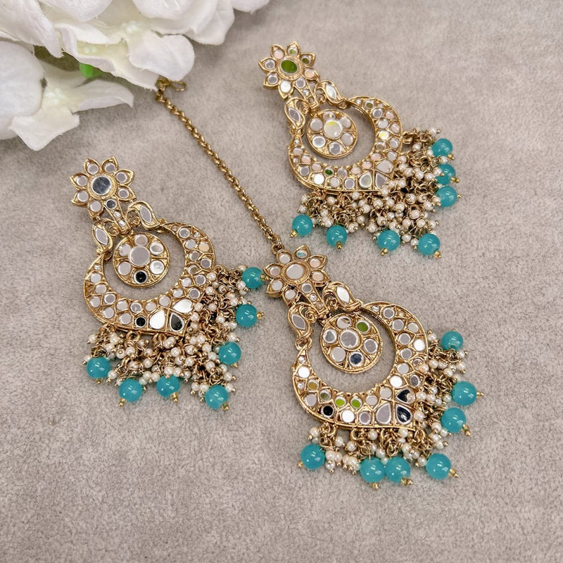 Mirrored Earrings and Tikka set - Teal - SOKORA JEWELSMirrored Earrings and Tikka set - Teal