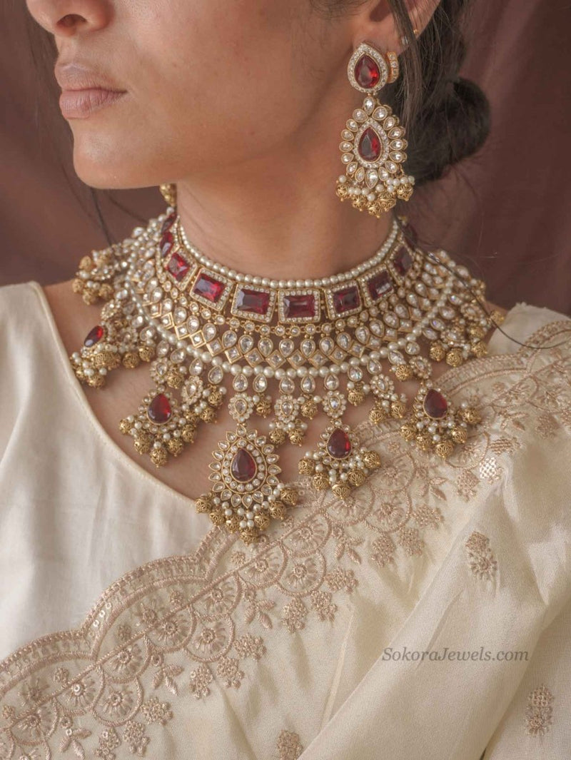 Mishti Maroon Bridal Bib Necklace Set with Earrings & Tikka - SOKORA JEWELSMishti Maroon Bridal Bib Necklace Set with Earrings & Tikka