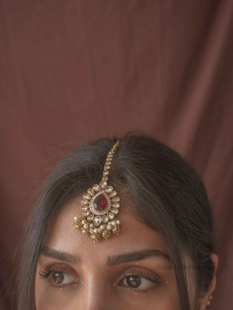 Mishti Maroon Bridal Bib Necklace Set with Earrings & Tikka - SOKORA JEWELSMishti Maroon Bridal Bib Necklace Set with Earrings & Tikka