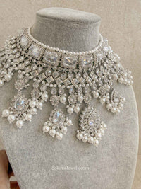 MISHTI Silver Zircon Bridal Bib Necklace Set with Earrings & Tikka - SOKORA JEWELSMISHTI Silver Zircon Bridal Bib Necklace Set with Earrings & Tikka