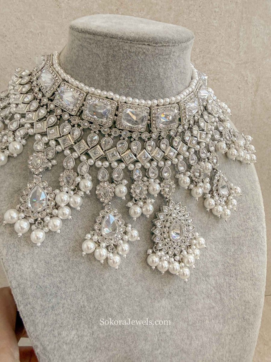 MISHTI Silver Zircon Bridal Bib Necklace Set with Earrings & Tikka - SOKORA JEWELSMISHTI Silver Zircon Bridal Bib Necklace Set with Earrings & Tikka