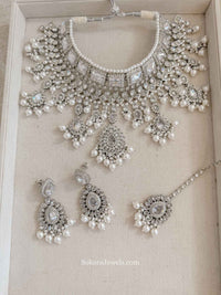 MISHTI Silver Zircon Bridal Bib Necklace Set with Earrings & Tikka - SOKORA JEWELSMISHTI Silver Zircon Bridal Bib Necklace Set with Earrings & Tikka