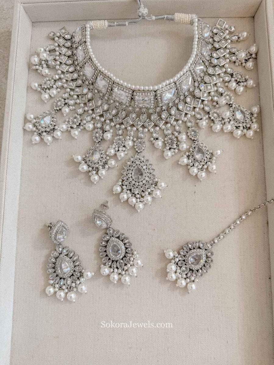 MISHTI Silver Zircon Bridal Bib Necklace Set with Earrings & Tikka - SOKORA JEWELSMISHTI Silver Zircon Bridal Bib Necklace Set with Earrings & Tikka