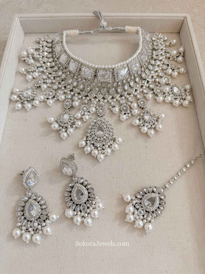 MISHTI Silver Zircon Bridal Bib Necklace Set with Earrings & Tikka - SOKORA JEWELSMISHTI Silver Zircon Bridal Bib Necklace Set with Earrings & Tikka