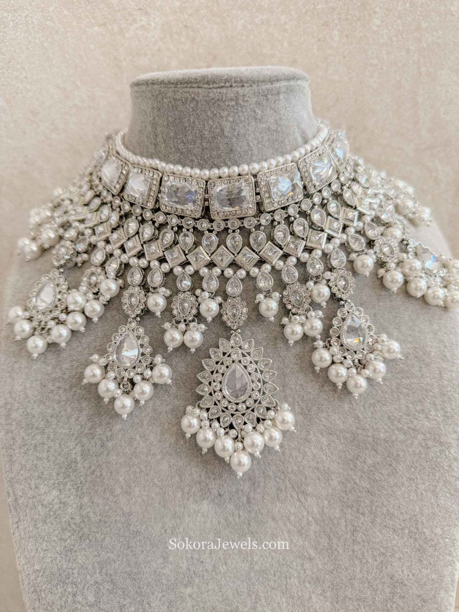 MISHTI Silver Zircon Bridal Bib Necklace Set with Earrings & Tikka - SOKORA JEWELSMISHTI Silver Zircon Bridal Bib Necklace Set with Earrings & Tikka