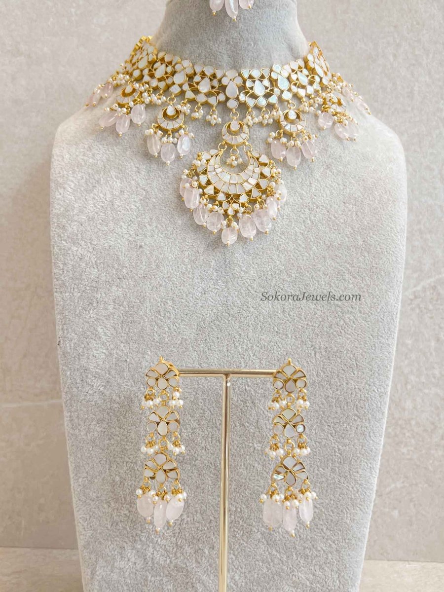Mother of Pearl Pink Bridal Set - Gold Plated - SOKORA JEWELSMother of Pearl Pink Bridal Set - Gold Plated