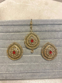 Mukta Earring & Tikka Set - Red/Champagne - SOKORA JEWELSMukta Earring & Tikka Set - Red/Champagne