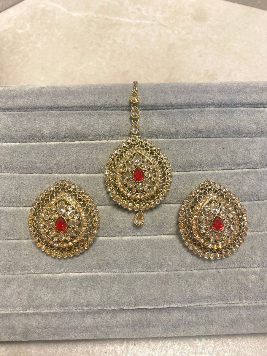 Mukta Earring & Tikka Set - Red/Champagne - SOKORA JEWELSMukta Earring & Tikka Set - Red/Champagne