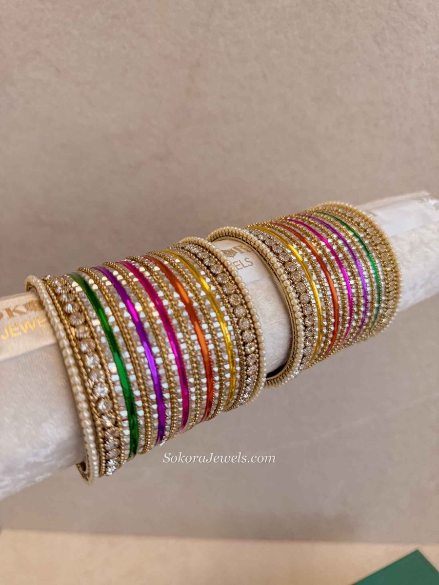 Multicolour Chrome Style Bangle Set – Mehndi & Sangeet Stack - SOKORA JEWELSMulticolour Chrome Style Bangle Set – Mehndi & Sangeet StackBANGLES