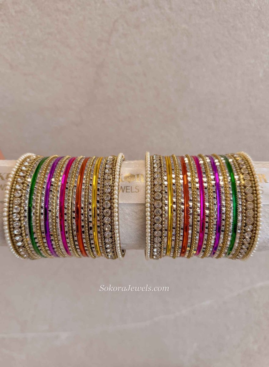 Multicolour Chrome Style Bangle Set – Mehndi & Sangeet Stack - SOKORA JEWELSMulticolour Chrome Style Bangle Set – Mehndi & Sangeet StackBANGLES
