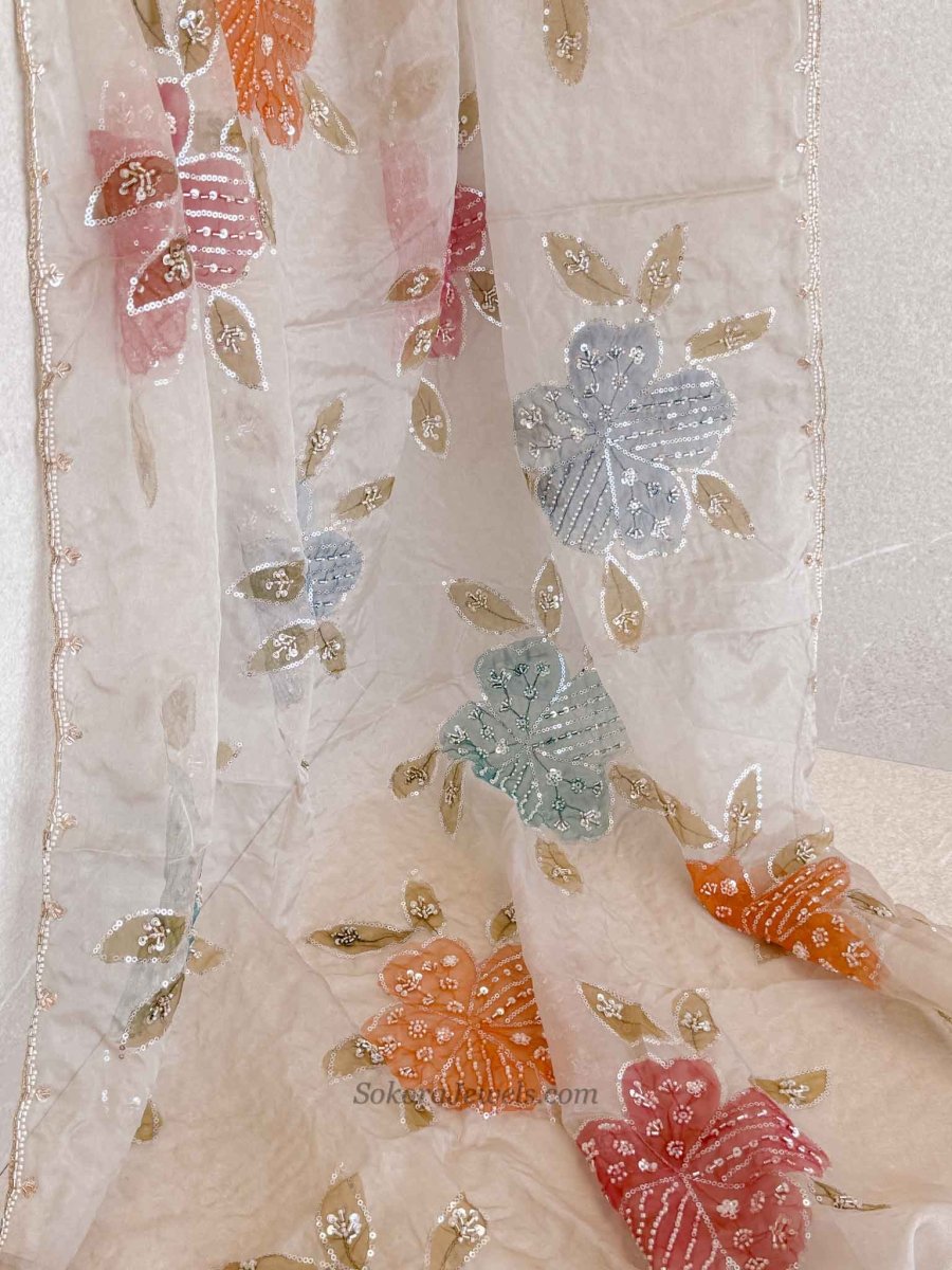Multicolour Floral Dupatta - Embellished Net Occasion Dupatta - SOKORA JEWELSMulticolour Floral Dupatta - Embellished Net Occasion Dupatta