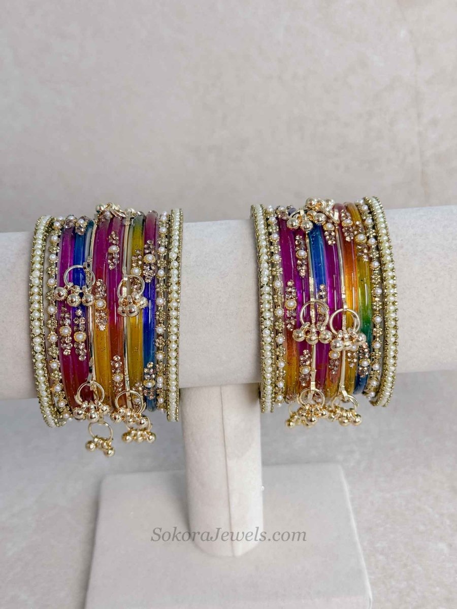 Multicolour Glass Kashmiri Bangles Set With Pearls - SOKORA JEWELSMulticolour Glass Kashmiri Bangles Set With PearlsBANGLES