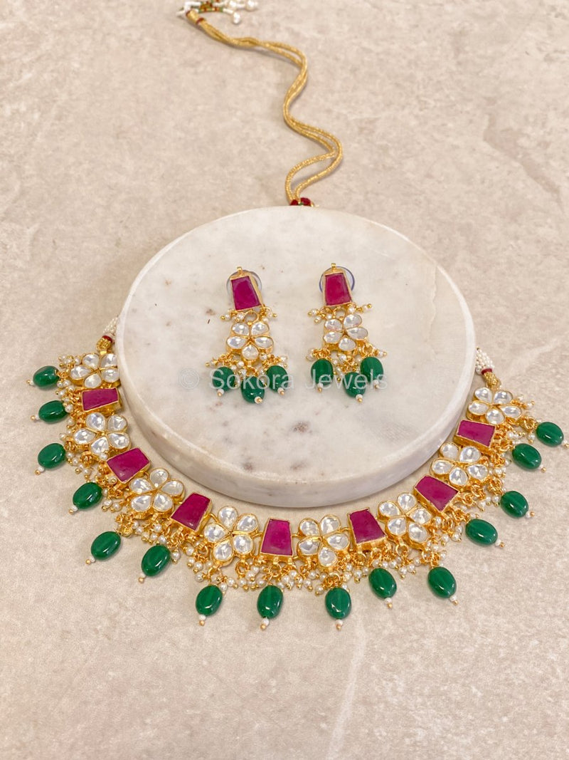 Multicolour Pachi Kundan Set - Green - SOKORA JEWELSMulticolour Pachi Kundan Set - GreenNECKLACE SETS