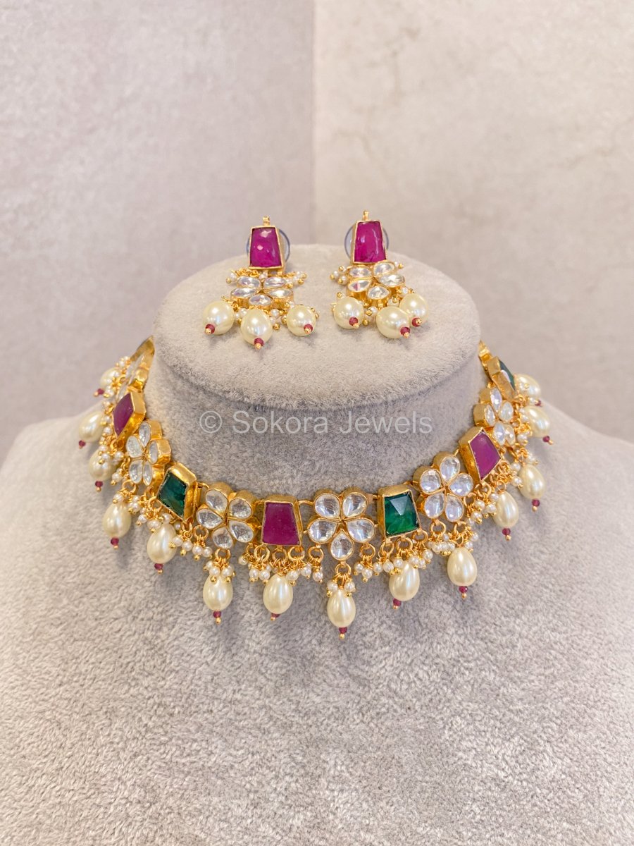 Multicolour Pachi Kundan Set - Pearl - SOKORA JEWELSMulticolour Pachi Kundan Set - PearlNECKLACE SETS