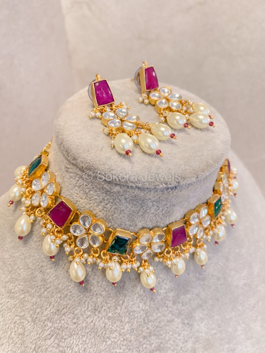 Multicolour Pachi Kundan Set - Pearl - SOKORA JEWELSMulticolour Pachi Kundan Set - PearlNECKLACE SETS