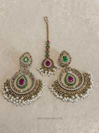 Multigem Chandbali Earrings & Tikka Set - SOKORA JEWELSMultigem Chandbali Earrings & Tikka Set