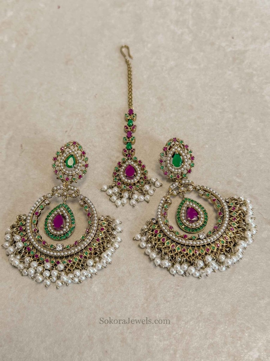 Multigem Chandbali Earrings & Tikka Set - SOKORA JEWELSMultigem Chandbali Earrings & Tikka Set
