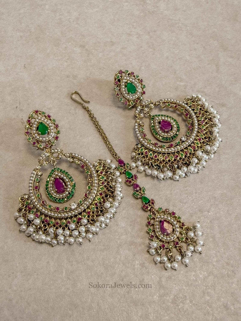 Multigem Chandbali Earrings & Tikka Set - SOKORA JEWELSMultigem Chandbali Earrings & Tikka Set