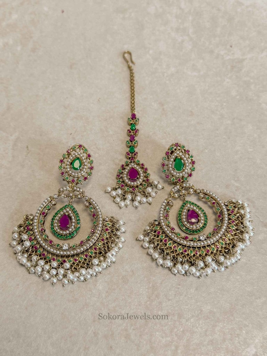 Multigem Chandbali Earrings & Tikka Set - SOKORA JEWELSMultigem Chandbali Earrings & Tikka Set