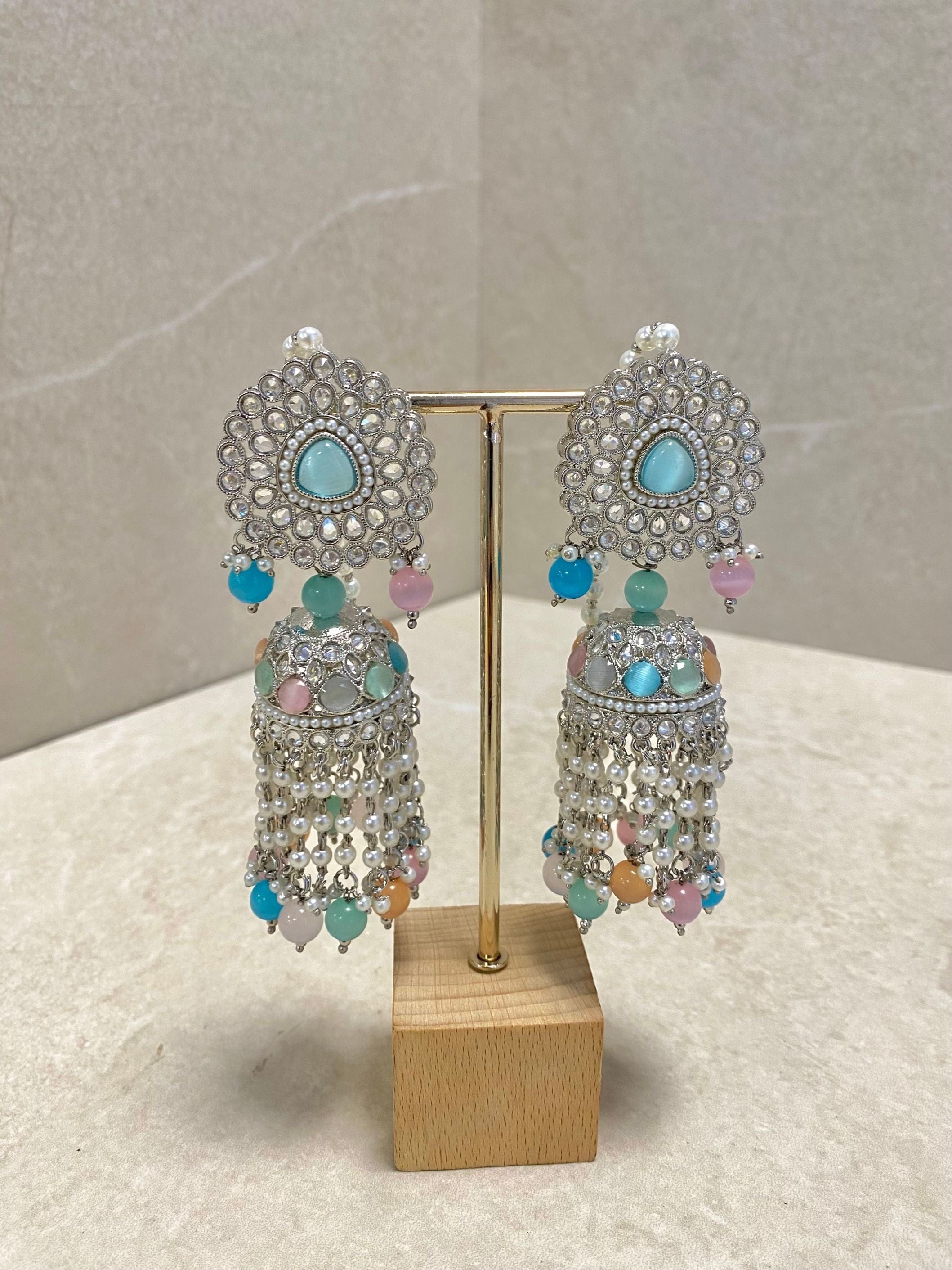 SLIGHTLY IMPERFECT: Silver & Pastel Multicolour Jhumka Earrings - Blue
