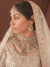 Navina Ivory Bridal Bib Necklace Set with Earrings & Tikka - SOKORA JEWELSNavina Ivory Bridal Bib Necklace Set with Earrings & Tikka
