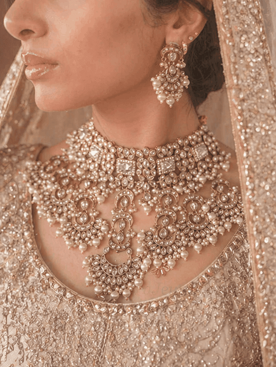Navina Ivory Bridal Bib Necklace Set with Earrings & Tikka - SOKORA JEWELSNavina Ivory Bridal Bib Necklace Set with Earrings & Tikka