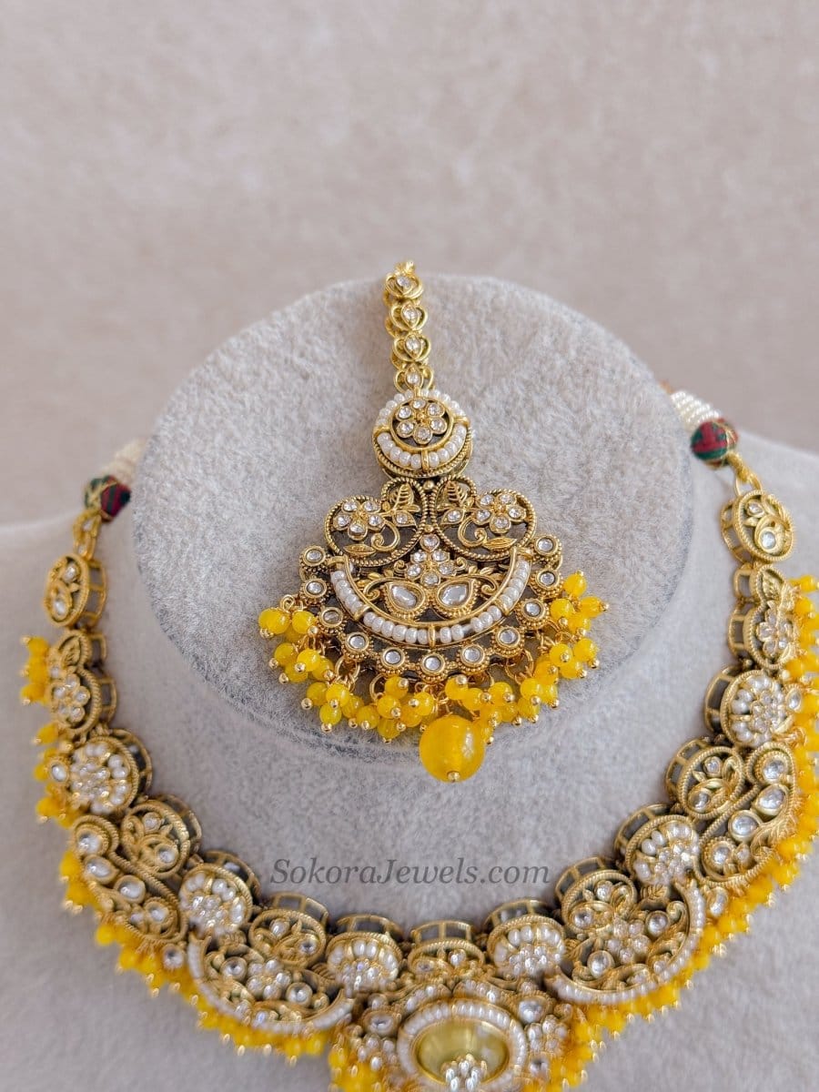 Nimra Faux Kundan Choker Set - Yellow - SOKORA JEWELSNimra Faux Kundan Choker Set - Yellow