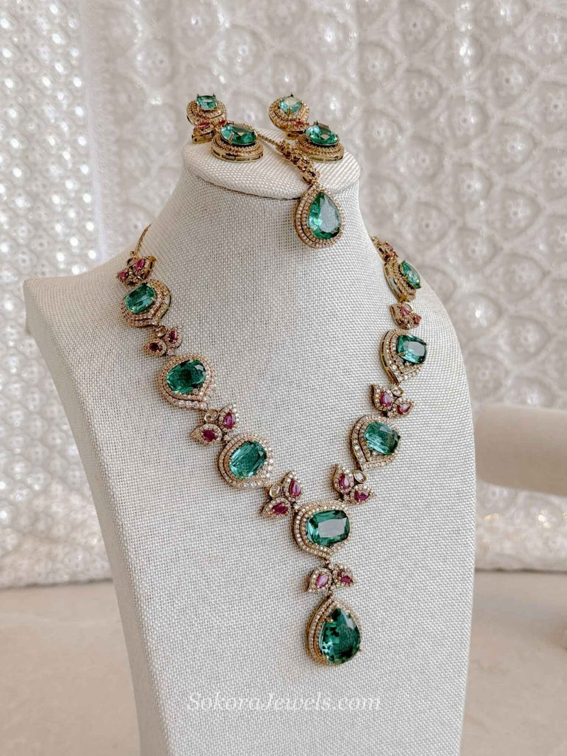 Nisa Teal & Ruby Bridal Necklace Set - SOKORA JEWELSNisa Teal & Ruby Bridal Necklace SetNECKLACE SETS