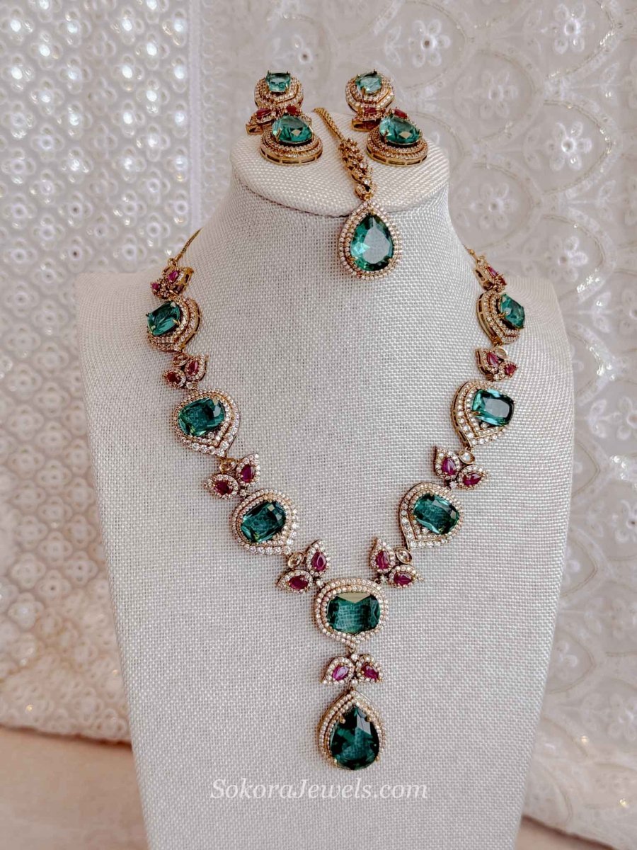 Nisa Teal & Ruby Bridal Necklace Set - SOKORA JEWELSNisa Teal & Ruby Bridal Necklace SetNECKLACE SETS
